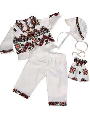 Costumas botez baietel, model cu motive traditionale & pantalonasi albi – ODIS201001