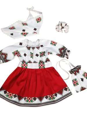 Costumas botez fetita, 4 piese, model motive traditionale & fusta rosie cu floricele roz – ODIS201006