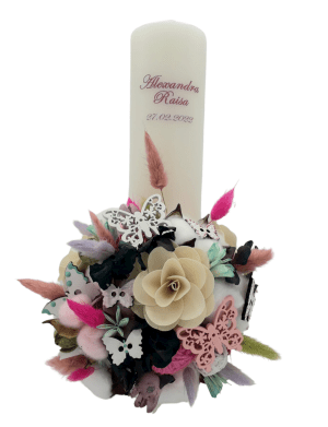 Lumanare botez fetita, personalizata, cu flori uscate, lemn si bumbac – FEIS203011