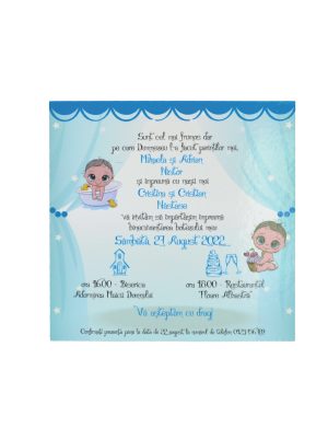 Invitatie botez tip Card patrat, cu plic personalizat, Bebe baietel, bleu – MIBC203047