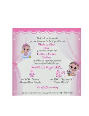 Invitatie botez tip Card patrat, cu plic personalizat, Bebe fetita, roz- MIBC203049