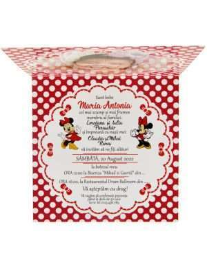 Invitatie botez tip Carte cu fundita, personalizata cu fotografie, Minnie Mouse, rosu – MIBC203066