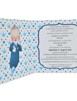 Invitatie botez tip Carte, plic personalizat, Printisor, bleu – MIBC203070