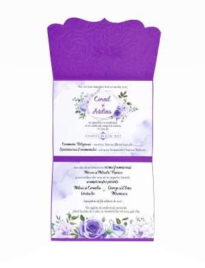 Invitatie nunta, model floral deosebit, mov – DSBC205026