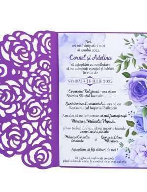 Invitatie nunta, model floral deosebit, mov – DSBC205031