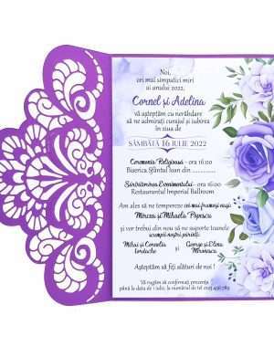 Invitatie nunta, model floral deosebit, mov – DSBC205032