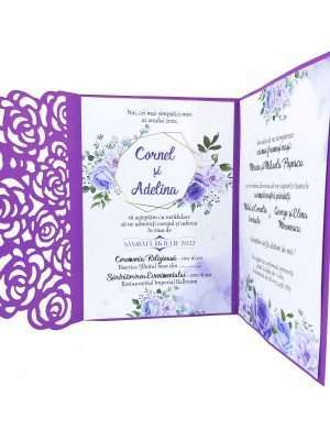 Invitatie nunta, model floral deosebit, mov – DSBC205033