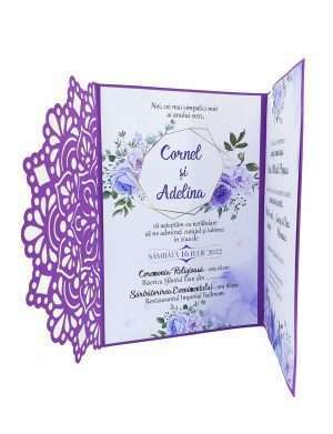 Invitatie nunta, model floral deosebit, mov – DSBC205035