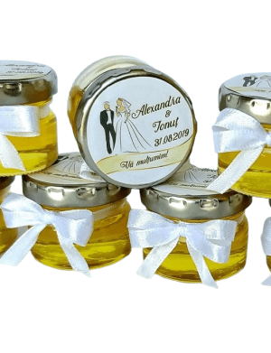 Marturii dulci cu miere, model handmade Iubire – alb, borcan 30 gr – DSBC205001