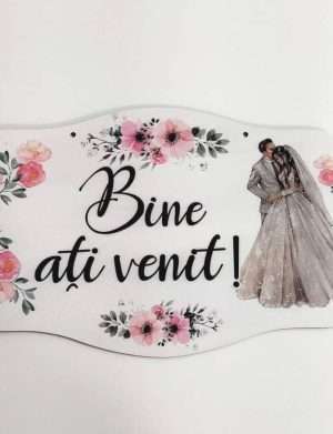 Pancarta nunta, Bine ati venit, flori roz, dim. 52×29 cm – ILIF206035