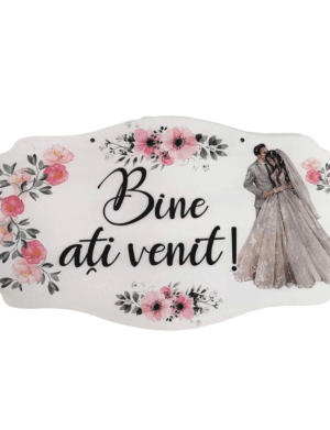 Pancarta nunta, Bine ati venit, flori roz, dim. 72×40 cm – ILIF209001
