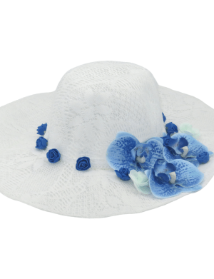 Palarie pentru dezgatitul miresei, alba cu orhidee albastra – ILIF206024