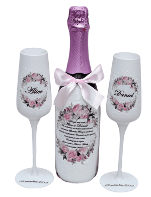 Set cadou pentru nasi, sticla vin spumant si pahare decorate manual - FEIS207003