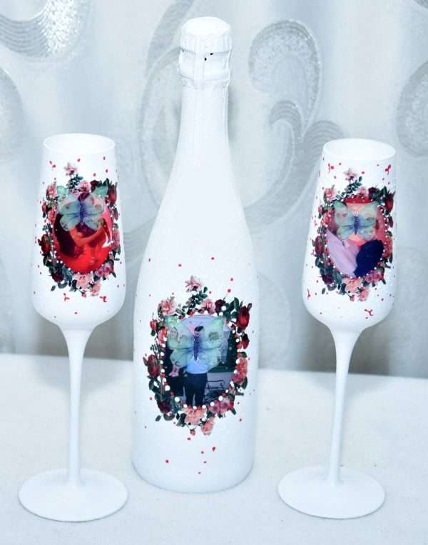 Set cadou, sticla vin spumant si pahare decorate manual - FEIS207002