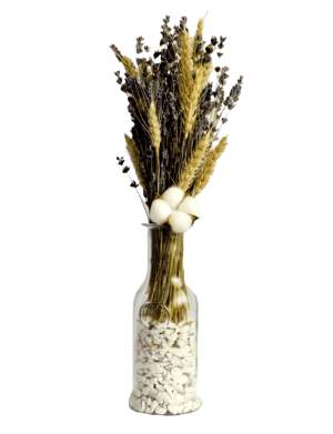 Aranjament in vaza transparenta cu lavanda si grau – AMB207017