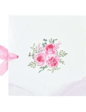Invitatie nunta tip Carte, cu fundita si design floral roz, model cu miri – MIBC207005
