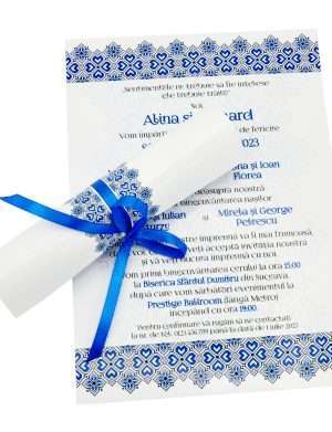 Invitatie nunta rulate model Papirus, cu design traditional albastru – MIBC207006