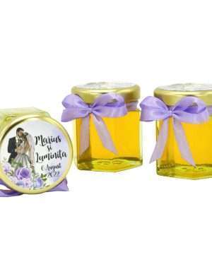 Marturii dulci cu miere, model handmade Iubire – lila, eticheta cu miri, borcan 50 gr – DSBC207017