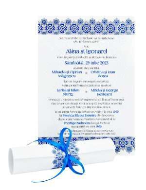 Invitatie nunta rulate tip papirus, cu design traditional albastru – DSBC207006