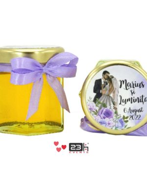Marturii dulci cu miere, model handmade Iubire – lila, eticheta cu miri, borcan 50 gr – DSBC207017