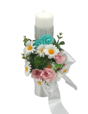 Lumanare botez decorata cu flori de spuma si verdeata – ILIF207068