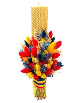 Lumanare nunta/botez, ceara naturala galbena, plante uscate tricolor – AMB207005