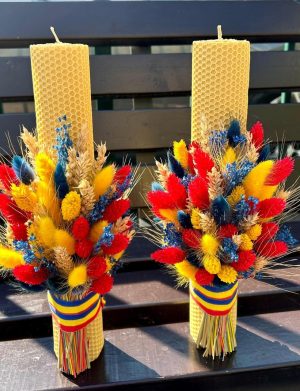 Lumanare nunta/botez, ceara naturala galbena, plante uscate tricolor – AMB207005