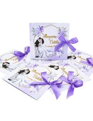 Invitatie nunta model Card, cu fundita si design floral mov-lila, model cu miri – MIBC207025