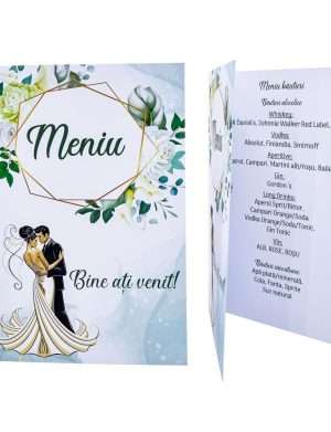 Meniu nunta cu design floral verde, model cu miri – MIBC207001