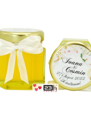 Marturii dulci cu miere, model handmade Iubire – alb, borcan 50 gr, grafica bohemian, orhidee albe – DSBC208010