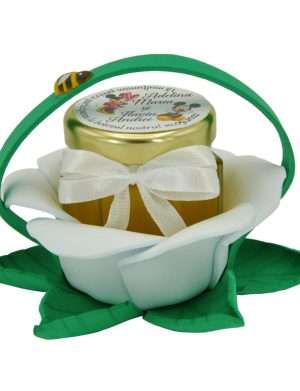 Marturii dulci cu miere, model handmade Zumzet dulce – verde alb, borcan 50 gr, grafica Minnie si Mickey, botez gemeni – DSBC208008