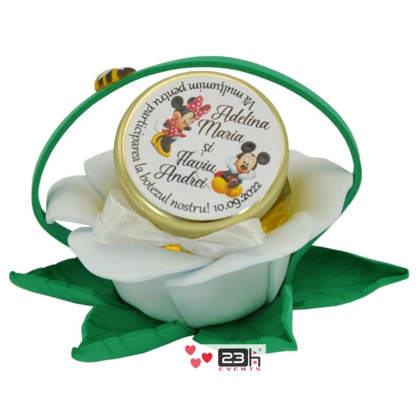 Marturii dulci cu miere, model handmade Zumzet dulce - verde alb, borcan 50 gr, grafica Minnie si Mickey, botez gemeni - DSBC208008