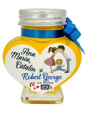 Marturii dulci cu miere, model handmade Iubire – albastru, borcan 90 gr, grafica nunta si botez- DSBC208012