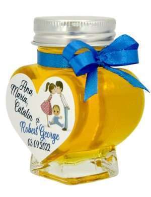 Marturii dulci cu miere, model handmade Iubire – albastru, borcan 90 gr, grafica nunta si botez- DSBC208012
