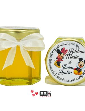Marturii dulci cu miere, model handmade Iubire – alb, borcan 50 gr, Minnie si Mickey, botez gemeni – DSBC208009