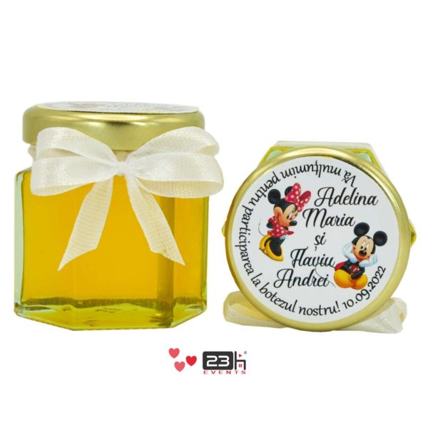 Marturii dulci cu miere, model handmade Iubire - alb, borcan 50 gr, Minnie si Mickey, botez gemeni - DSBC208009