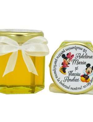 Marturii dulci cu miere, model handmade Iubire – alb, borcan 50 gr, Minnie si Mickey, botez gemeni – DSBC208009
