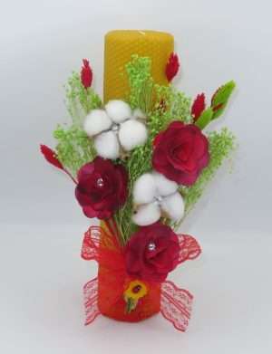 Lumanare botez, ceara naturala decorata cu flori uscate si bumbac – ILIF208018