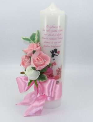 Lumanare cununie, decorata cu mesaj si flori roz – ILIF208022