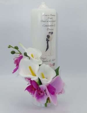 Lumanare cununie personalizata, orhidee mov si cale albe – ILIF208001