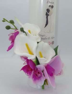 Lumanare cununie personalizata, orhidee mov si cale albe – ILIF208001