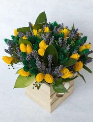 Aranjament cadou cu flori uscate, galben & verde,12×15 cm – AMB209004