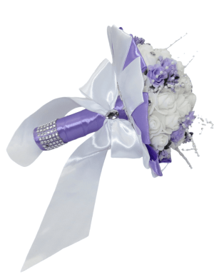 Buchet mireasa cu flori de spuma, alb si lila – ILIF209009