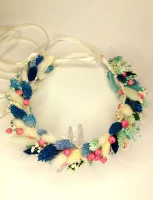 Coronita din flori uscate, alb/albastru/roz – AMB209001