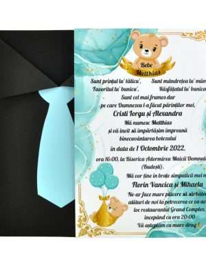Invitatie botez baietel, model Costum cu cravata, tematica ursulet – MIBC209001