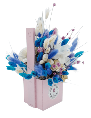 Aranjament cadou cu flori uscate stabilizate, tonuri de bleu si crem – FEIS209005