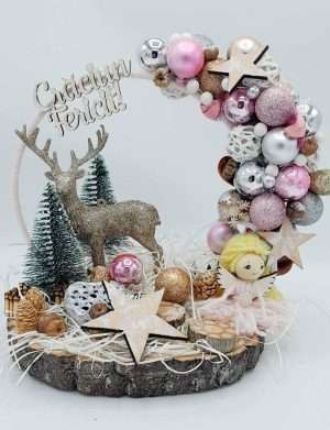Ornament Handmade pe felie de lemn, Craciun Fericit – FEIS210013