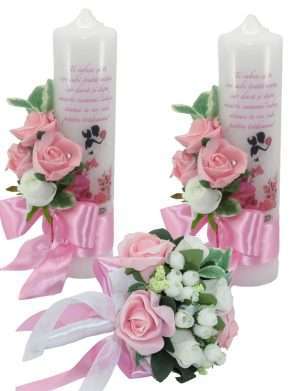Set 2 lumanari cununie + un buchet mireasa, cu flori roz si albe – ILIF210037