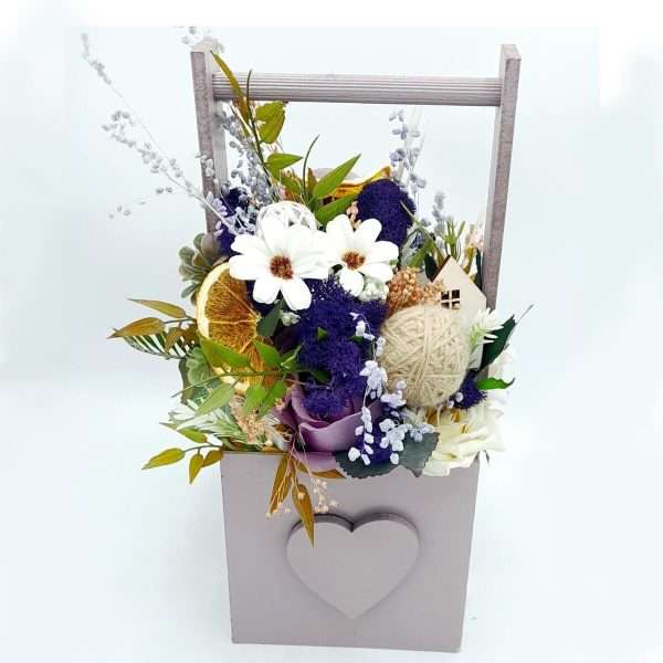 Aranjament cadou cu flori uscate si licheni tonuri de crem lila FEIS211006 6