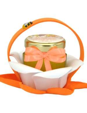 Marturii dulci cu miere, model handmade Zumzet dulce – portocaliu somon, borcan 50 gr – DSBC211014